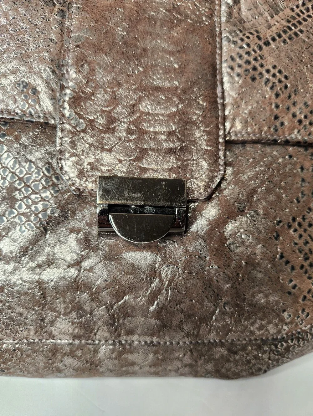 Lauren Merkin Brown Metallic Reptile Snake Print Leather Shoulder Bag